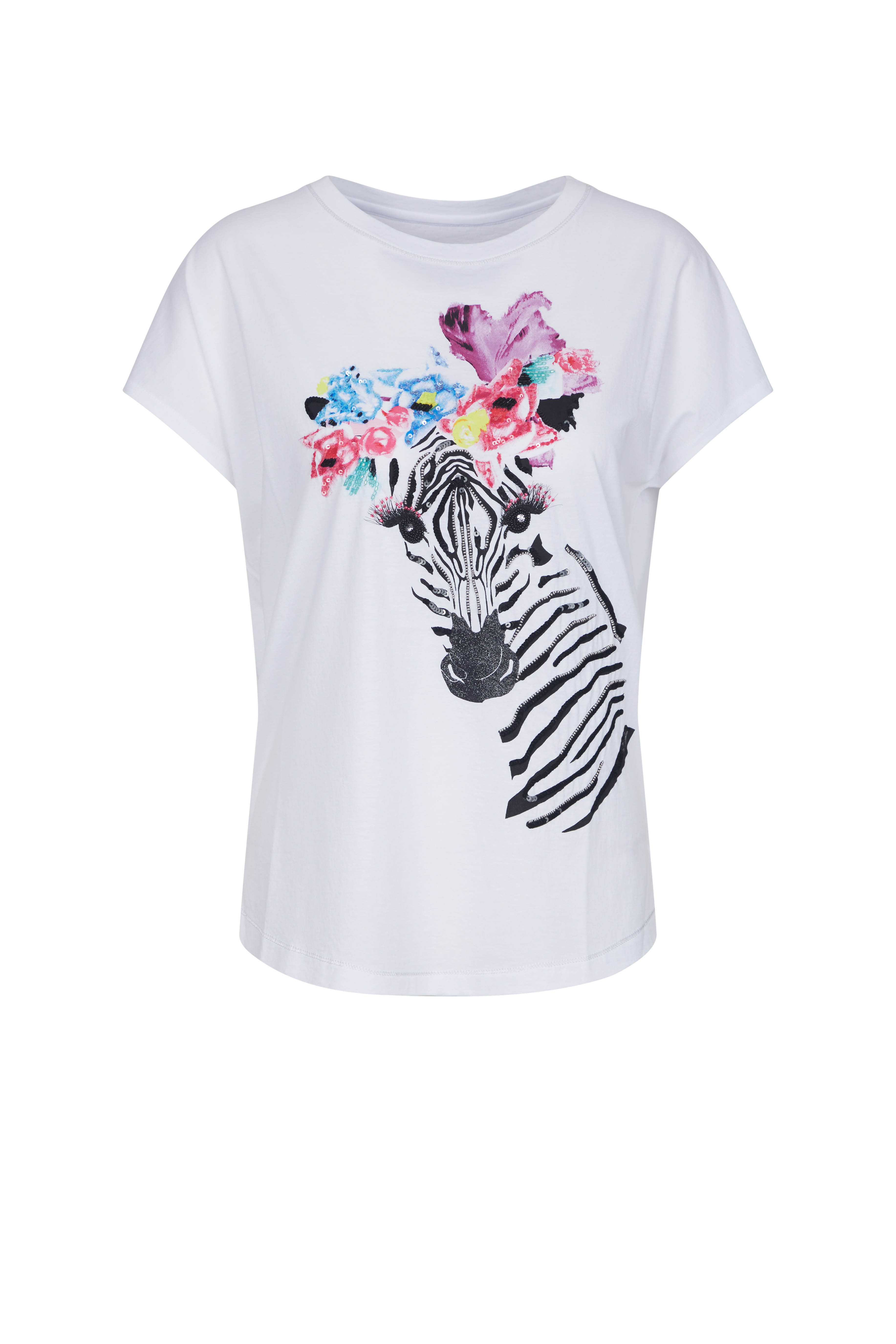 klasyczny biały t-shirt z krótkim rękawkiem z motywem zebry i kwiatów wiosna donomoda